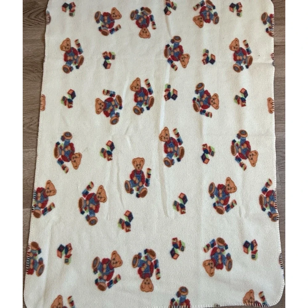 Spring Industries Vtg Blue Jean Teddy Bear Fleece Baby Blanket Blocks 29x40 Crib